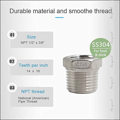 NPT 1/2" Male to 3/8" Female Hex Reducing Bushing, 304 SS, 2 Pcs