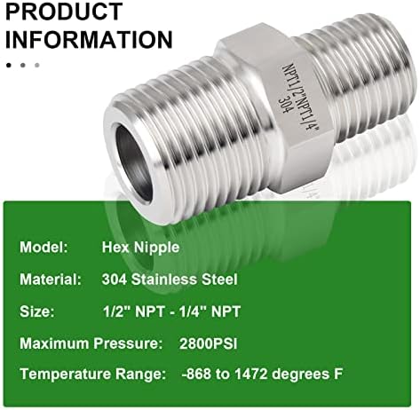 TAISHER 2PCS 304 Stainless Steel Hex Nipple, Reducer Pipe Fitting 1/2-Inch Male Pipe x 1/4-Inch Male Pipe
