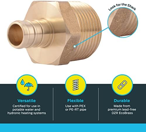 SharkBite 1/2 x 3/4 Inch Crimp MNPT Male Adapter, Pack of 25, Brass Plumbing Fitting, PEX Pipe, Copper, UC116LF