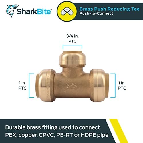 SharkBite 1 Inch x 1 Inch x 3/4 Inch Reducing Tee, Push to Connect Brass Plumbing Fitting, PEX Pipe, Copper, CPVC, PE-RT, HDPE, U416LFA