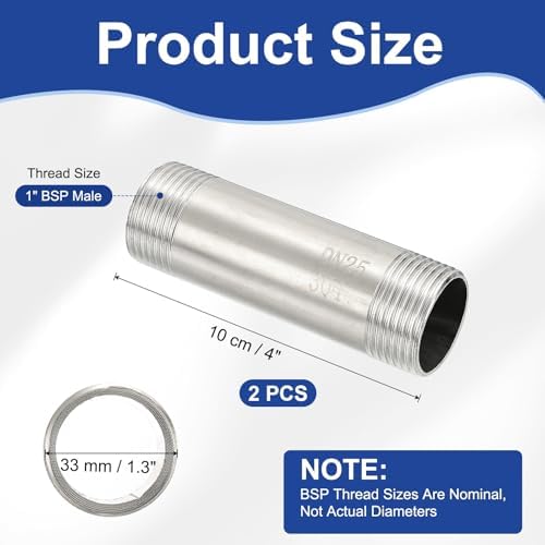 PATIKIL 304 Stainless Steel Pipe Fitting, 2 Pack 1" BSP Male x 1" BSP Male Threaded 4" Length Nipple Cast Pipe for Extending Piping, Silver