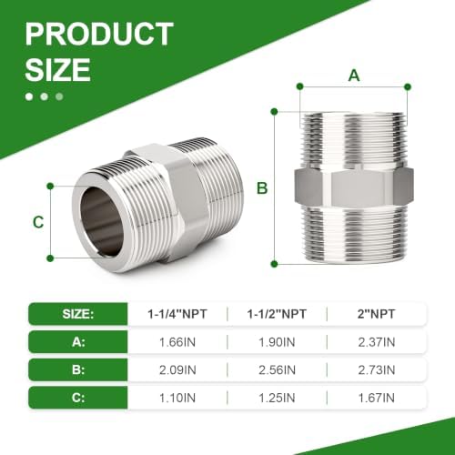 TAISHER 1pcs Hex Nipple 304 Stainless Steel NPT 1-1/4"NPT Male Pipe Fitting