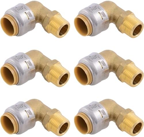 SharkBite Max 1/2 Inch x 3/8 Inch 90 Degree Dishwasher Elbow, MNPT, Pack of 6, Push to Connect Brass Plumbing Fitting, PEX Pipe, Copper, CPVC, PE-RT, HDPE, UR281