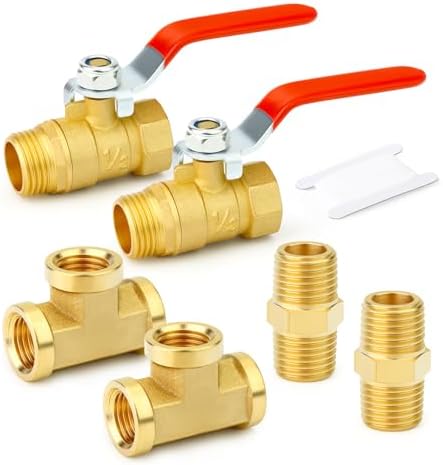 GASHER 6PCS 1/2 Inch NPT Brass Pipe Fitting, Ball Valve, Barstock Tee Brass Pipe Fitting and Air Hose Fitings