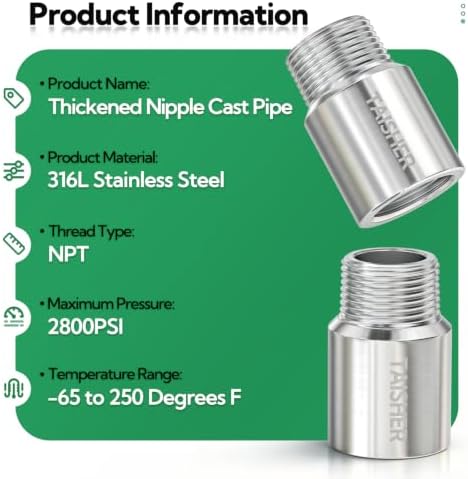 TAISHER 2Pcs 316 Nipple Cast Pipe,3/4"Male NPT x 3/4"Female NPT, 2"(L)