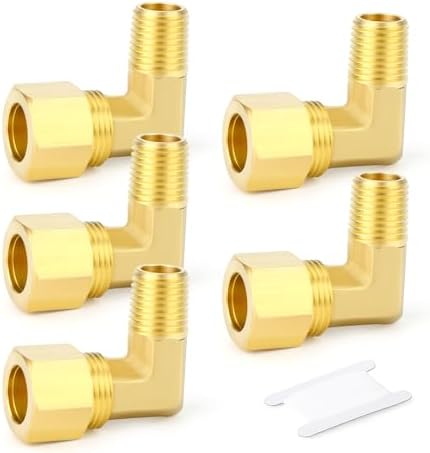 GASHER 5PCS Brass 90 Degree Elbow Compression Tube Pipe Fitting Connector, 3/8" Tube OD x 1/8" NPT Male Connector