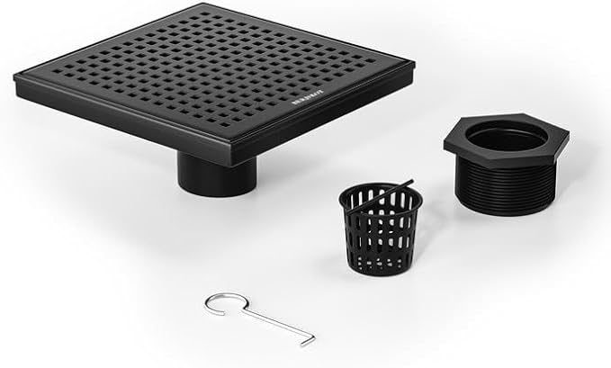 Square Shower Drain 8", 304 Stainless Steel Floor Drain with Grid Drain Cover & Hair Strainer, Shower Drain w/CUPC Certified, Matte Black