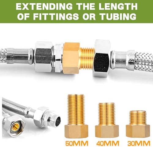Brass Pipe Fitting, 1/2" Female to 1/2" Male Pipe Nipple Extension Connector, Hex Bushing Adapter Set with Teflon Tape, Length 30MM/40MM/50MM (3PCS)