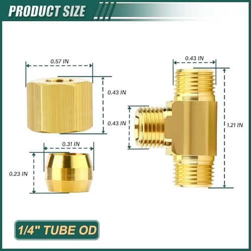 5PCS Brass Tee Compression Tube Fitting, 1/4" OD
