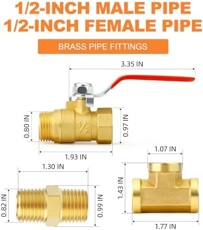 GASHER 6PCS 1/2 Inch NPT Brass Pipe Fitting, Ball Valve, Barstock Tee Brass Pipe Fitting and Air Hose Fitings