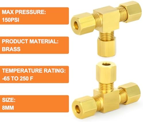 GASHER 2PCS Brass Compression Tube Pipe Fitting Connector, Tee，8mm x 8mm x 8mm Tube OD Connector