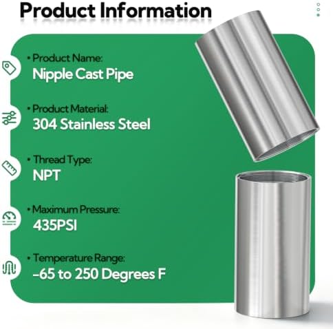 TAISHER 1Pcs 304 SS Nipple Cast Pipe Fitting, 2" NPT Female, 6" Length