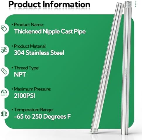 TAISHER 1PCS Stainless Steel Pipe Fittings, 1/2" NPT Male x 1/2" NPT Female Threaded, 16" Length Nipple Cast Pipe