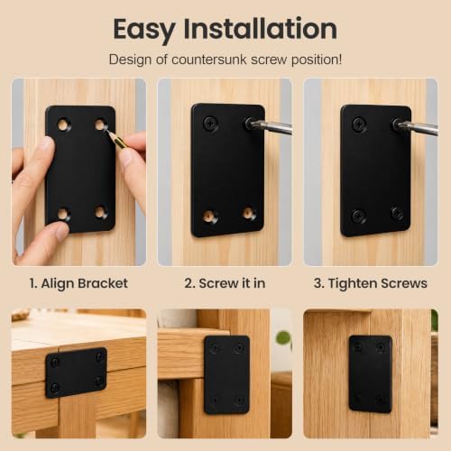 16 Pcs Metal Flat Straight Brace Brackets, Black Flat Stainless Steel Mending Plates for Wood Tables, Cabinets, Furnitures, Fences, 2.4 x 1.5 Inch Joining Fixing Brackets