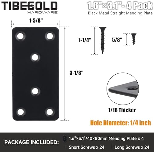 Mending Plate, Black Metal Flat Straight Brace Bracket, Double-Wide Metal Plate, Joining Plate for Wood Furniture Fence Fastening with Screws in 2 Different Lengths (40x80mm, 4 Pack)