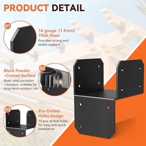 4Pcs 4x4 Joist Anchor Connector - Heavy Duty Steel Post Cap Tie Brakcet, 16 Gauge Carbon Steel 4x4 Post Connector Brackets, Post to Beam Connector Fits 2x4 Lumber(Actual Size 3.5"x3.5")