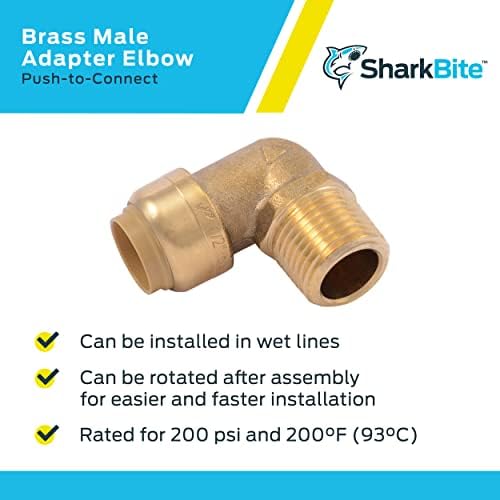 SharkBite 1/2 Inch 90 Degree Male Adapter Elbow, Pack of 6, Push to Connect Brass Plumbing Fitting, PEX Pipe, Copper, CPVC, PE-RT, HDPE, U280LF