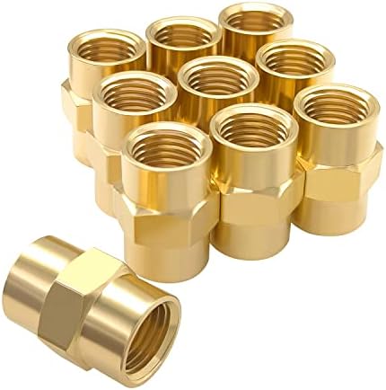 Hooshing 10PCS Brass Coupling Pipe Fitting, 1/4" x 1/4" NPT Female Coupler