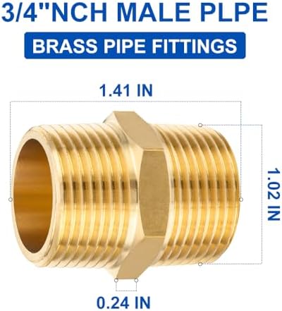 5Pcs EFIELD Hex Nipple 3/4"x 3/4"NPT Male Brass Pipe Fitting(NPT014-5)