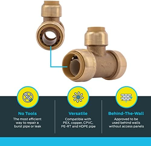 SharkBite 3/4 Inch x 3/4 Inch x 1/2 Inch Reducing Tee, Push To Connect Brass Plumbing Fitting, PEX Pipe, Copper, CPVC, PE-RT, HDPE, U412LFA