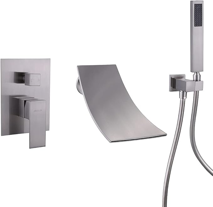 Wall Mount Bathtub Faucet with Handheld Shower, Brushed Nickel Single Handle Bathroom Waterfall Tub Filler Solid Brass Tub Shower Faucet Set Rough-in Valve Trim Kit