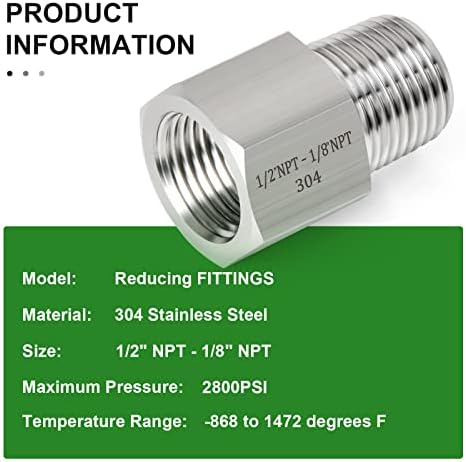 TAISHER 2PCS Forging of 304 Stainless Steel Pipe Fitting, Reducer Adapter, 1/8-Inch Male Pipe x 1/2-Inch Female Pipe