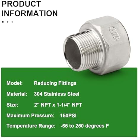 TAISHER 1PCS 304 Stainless Steel Pipe Fitting, Reducer Adapter, 1-1/4" NPT Male x 2" NPT Female