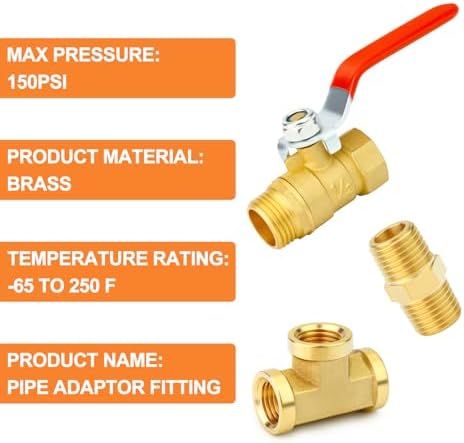GASHER 6PCS 1/2 Inch NPT Brass Pipe Fitting, Ball Valve, Barstock Tee Brass Pipe Fitting and Air Hose Fitings