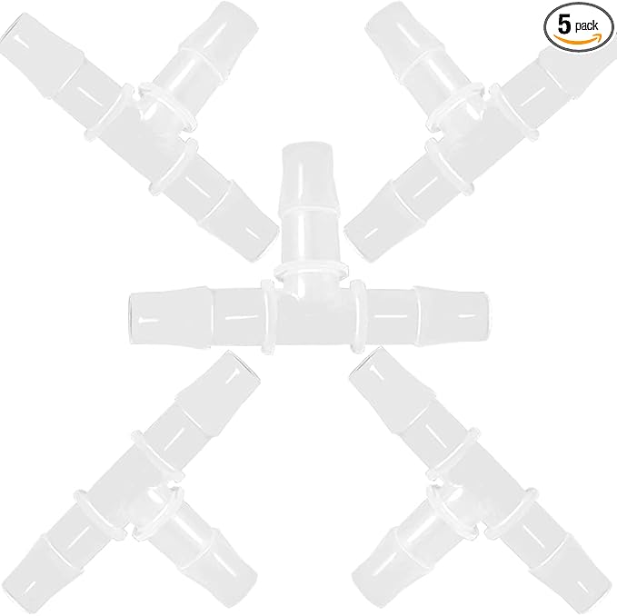 1/2" Tee Fitting Equal Barb 3 Way Hose Barb Adapter for Fuel Gas Liquid Air (Pack of 5)