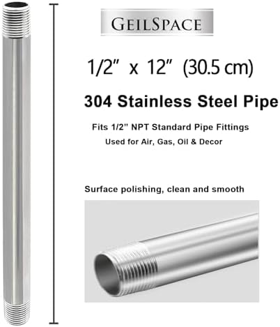 GeilSpace 1/2" x 12" 304 Stainless Steel Nipple Pipe Fitting, NPT Threaded