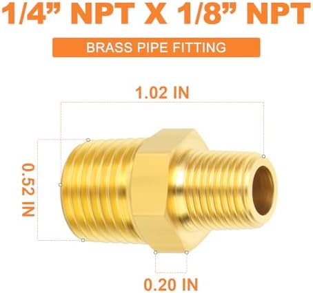 GASHER Brass Reducing Hex Nipples,1/4 Inch NPT Male x 1/8 Inch NPT Male Brass Pipe Adapter Fittings Reducing Nipples Connector（15Pcs）