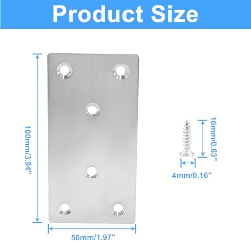 Bonsicoky Flat Straight Brace Brackets, 4" x 2", 4 Pcs, Silver