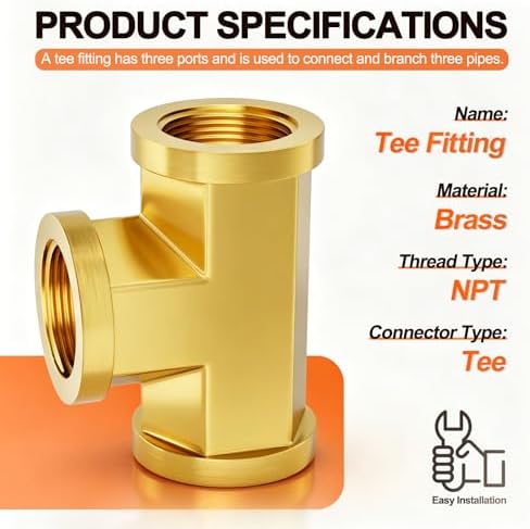 GASHER 5 Pcs Brass Tee Fitting, 3/8" x 3/8" x 3/8" NPT Female Pipe Fittings