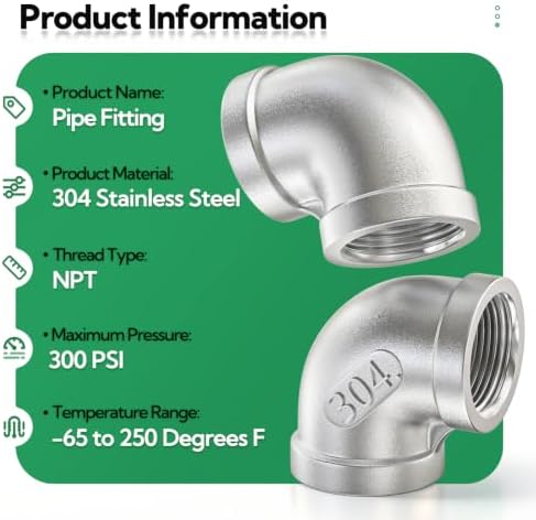 TAISHER 10PCS 304 Stainless Steel 90 Degree Elbow Fittings, 3/4 Inch NPT Female Pipe to 3/4 Inch NPT Female 304 Stainless Pipe Fitting