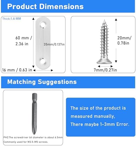 16 Pack Flat Plate Straight Brackets 60MM Stainless Steel Flat Metal Braces,Repair Bracket with Screws