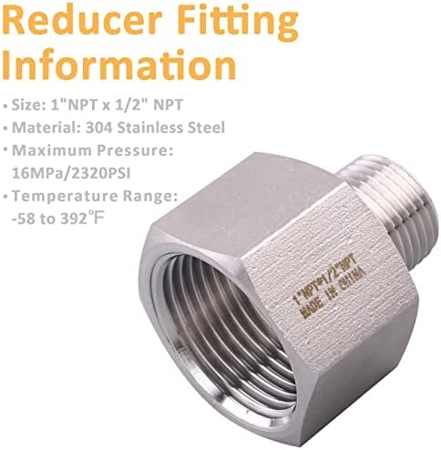 Forged Reducer Adapter Fitting - Stainless Steel 304 Reducing Pipe Connector, 1" NPT Female x 1/2" NPT Male (pack of 2)