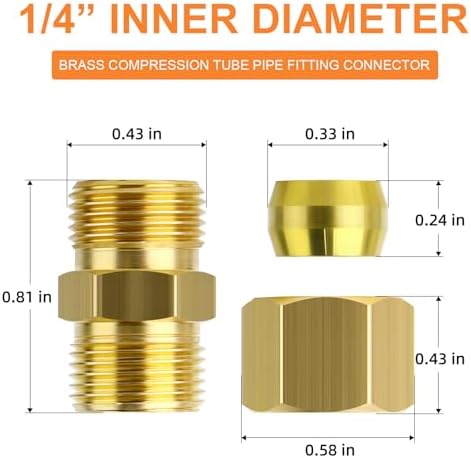 GASHER 20PCS Brass Compression Tube Pipe Fitting Connector, 1/4" Tube OD x 1/4" Tube OD Connector