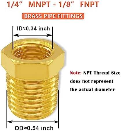 Hooshing 6PCS Brass Reducer Hex Bushing 1/4" NPT Male x 1/8" NPT Female