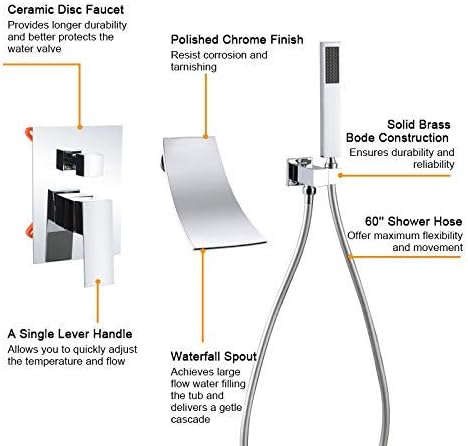 Wall Mount Bathtub Faucet with Handheld Shower, Chrome Single Handle Bathroom Waterfall Tub Filler Solid Brass Tub Shower Faucet Set Rough-in Valve Trim Kit