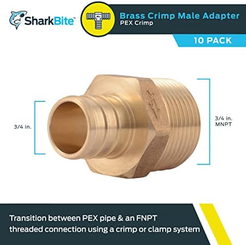 SharkBite 3/4 Inch Crimp MNPT Male Adapter, Pack of 10, Brass Plumbing Fitting, PEX Pipe, Copper, UC134LFA10