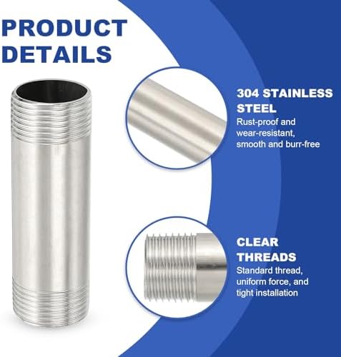 PATIKIL 304 Stainless Steel Pipe Fitting, 2 Pack 1" BSP Male x 1" BSP Male Threaded 4" Length Nipple Cast Pipe for Extending Piping, Silver