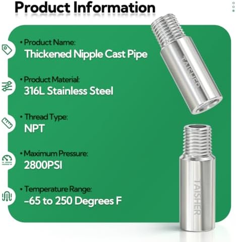 TAISHER 1Pcs 316 Thickened Nipple Cast Pipe,1" NPT Male, 2" Length
