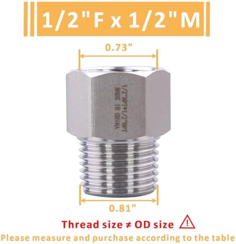 Forged Reducer Adapter Fitting - Stainless Steel 304 Reducing Pipe Connector, 1/2" NPT Female x 1/2" NPT Male (pack of 2)