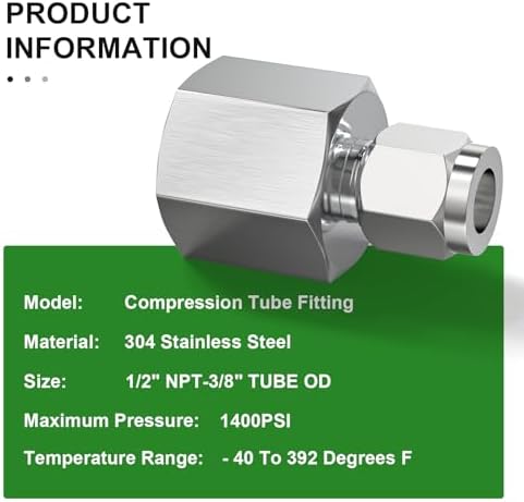 TAISHER 1PCS 304 Stainless Steel Compression Tube Pipe Fitting Connector, 3/8" Tube OD x 1/2" NPT Female Straight Adapter
