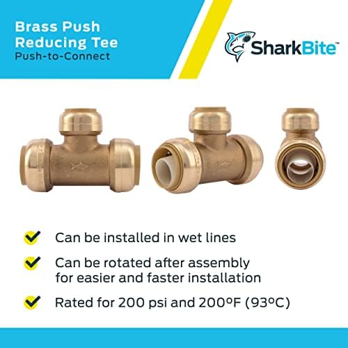 SharkBite 1 Inch x 1 Inch x 3/4 Inch Reducing Tee, Push to Connect Brass Plumbing Fitting, PEX Pipe, Copper, CPVC, PE-RT, HDPE, U416LFA