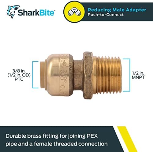 SharkBite 3/8 Inch (1/2 Inch OD) x 1/2 Inch MNPT Reducing Adapter, Push to Connect Brass Plumbing Fitting, PEX Pipe, Copper, CPVC, PE-RT, HDPE, U118LFA
