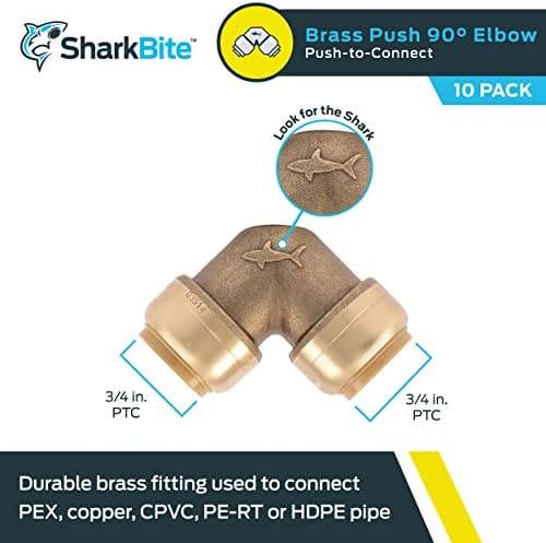 SharkBite 3/4 Inch 90 Degree Elbow, Pack of 10, Push to Connect Brass Plumbing Fitting, PEX Pipe, Copper, CPVC, PE-RT, HDPE, U256LFCP