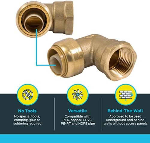 SharkBite 3/4 Inch x 3/4 Inch 90 Degree Female Adapter Elbow, Push to Connect Brass Plumbing Fitting, PEX Pipe, Copper, CPVC, PE-RT, HDPE, U314LFA