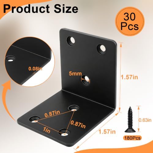 30 Pack Angle Brackets, 1.5" x 1.5" Black Heavy Duty Stainless Steel Corner Brace, L Shaped Shelf Bracket 90 Degree Corner Bracket for Wood Furniture Cabinets Shelves
