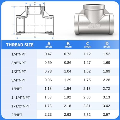 ChillWaves 304 Stainless Steel Pipe Fitting, Tee 3/4" x 3/4" x 3/4" NPT Female Thread Adapter(4-PACK)